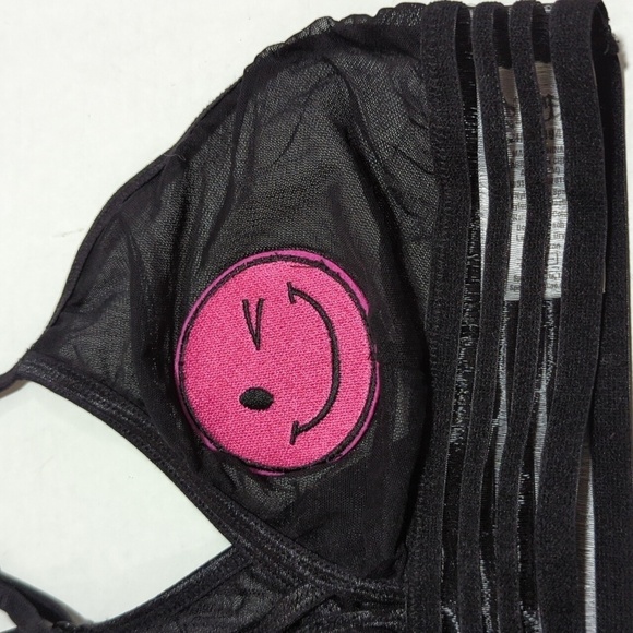 Spencers Mesh Festival Smiley Wink Face Bikini Black Pink Emoji Bra Size S/M - Picture 2 of 6